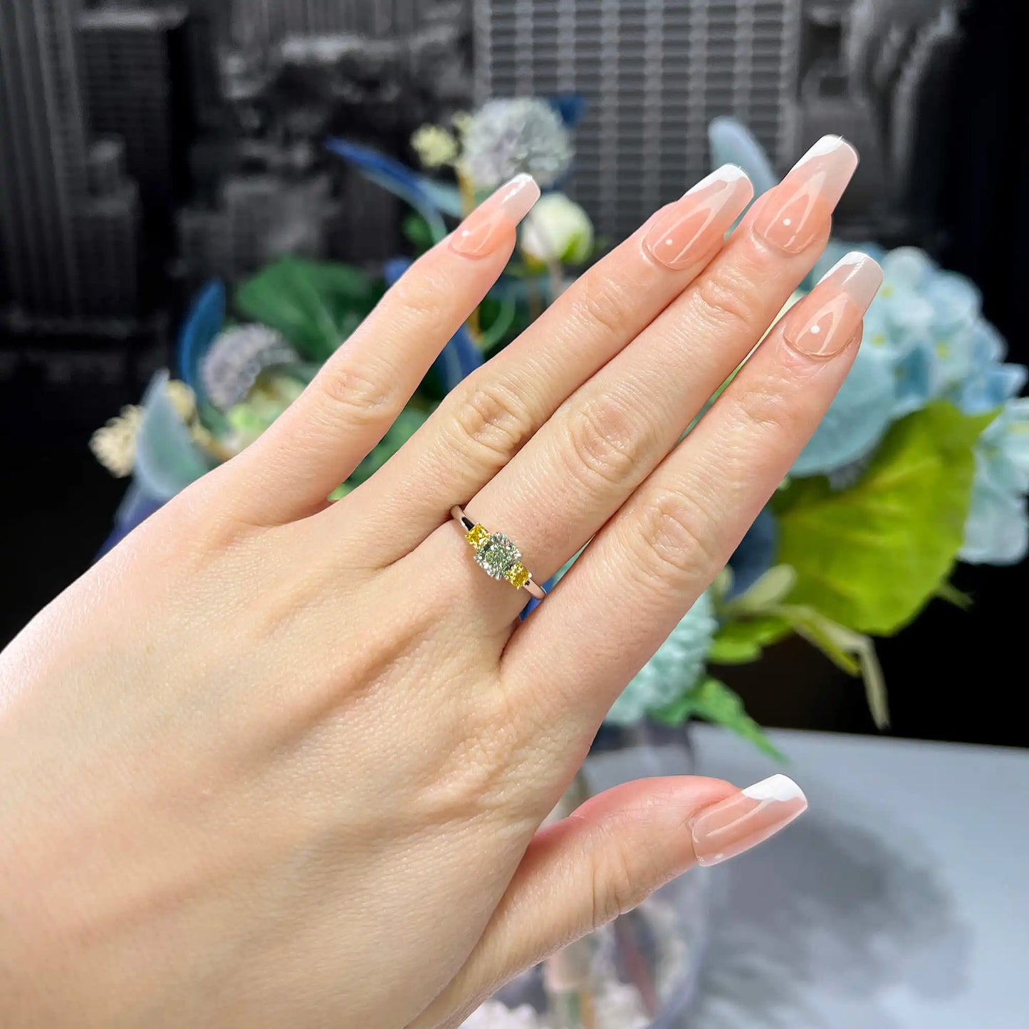 1.19 Radiant Cut Fancy-Colored Yellow & Green Diamond Ring