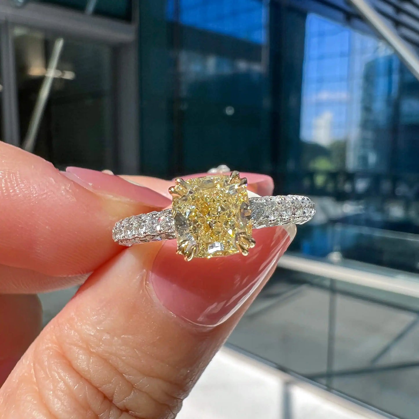 2.29ct Cushion Cut Fancy yellow Diamond Ring