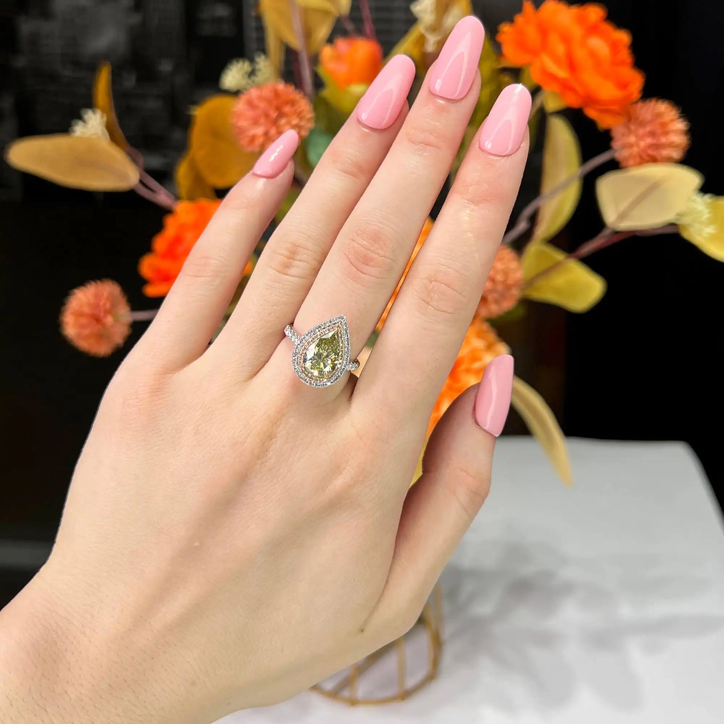 3.15ct Pear Cut Fancy Brownish Greenish Yellow Diamond Ring