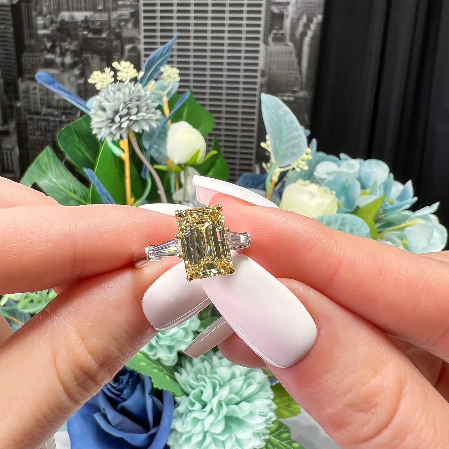 3.33ct Emerald Cut Light Yellow Diamond Ring