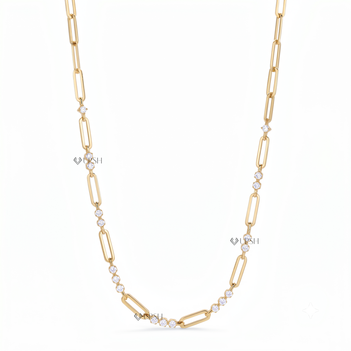 Solid yellow gold alternating diamond station paperclip link chain necklace featuring round lab-grown diamonds set between elongated links