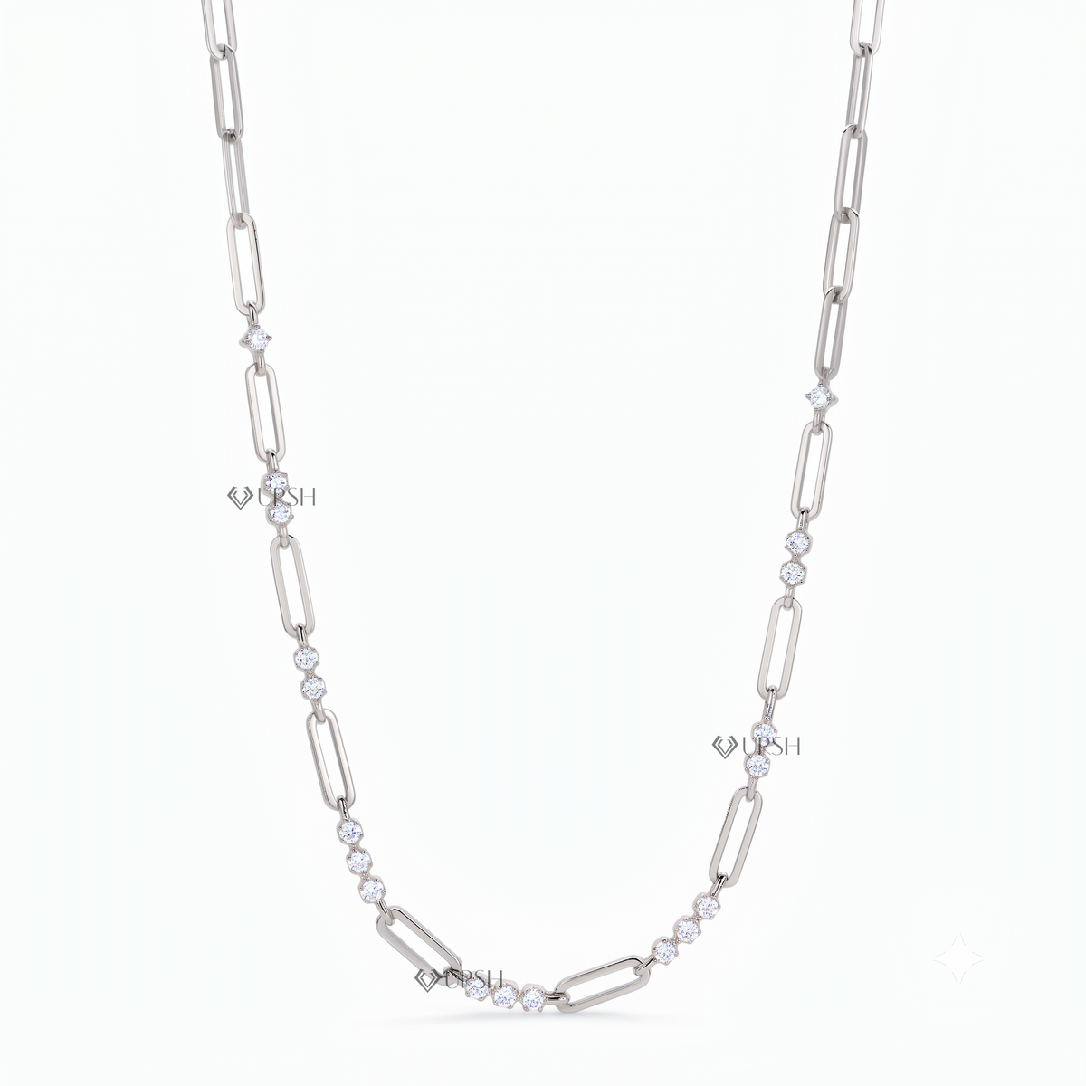 Solid white gold alternating diamond station paperclip link chain necklace displayed on clean white background