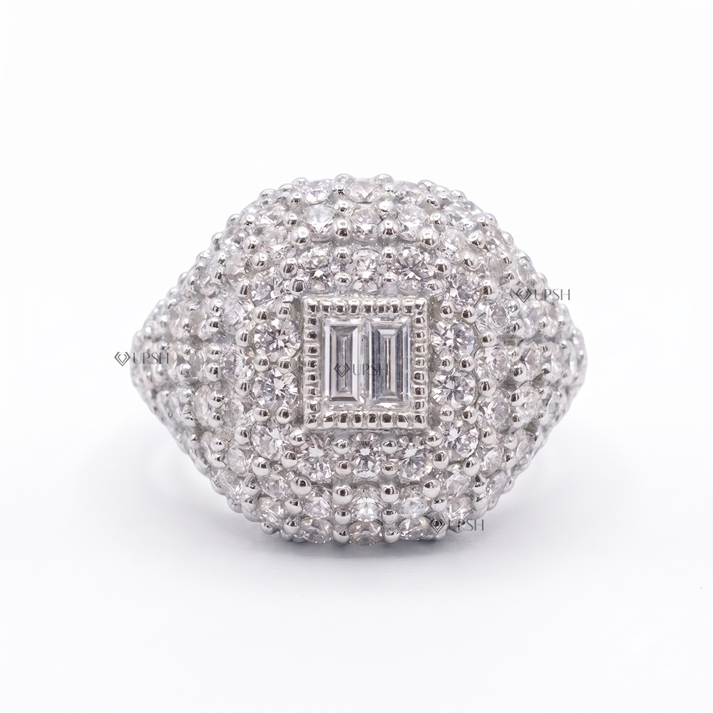 Solid white gold tapered bombé cocktail ring blanketed in brilliant lab diamond pavé