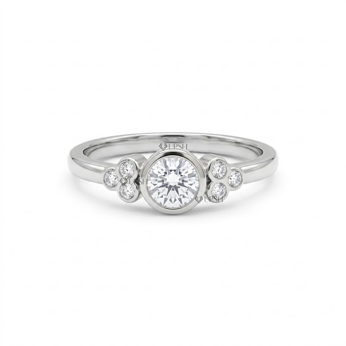 Solid white gold bezel cluster engagement ring on clean white background