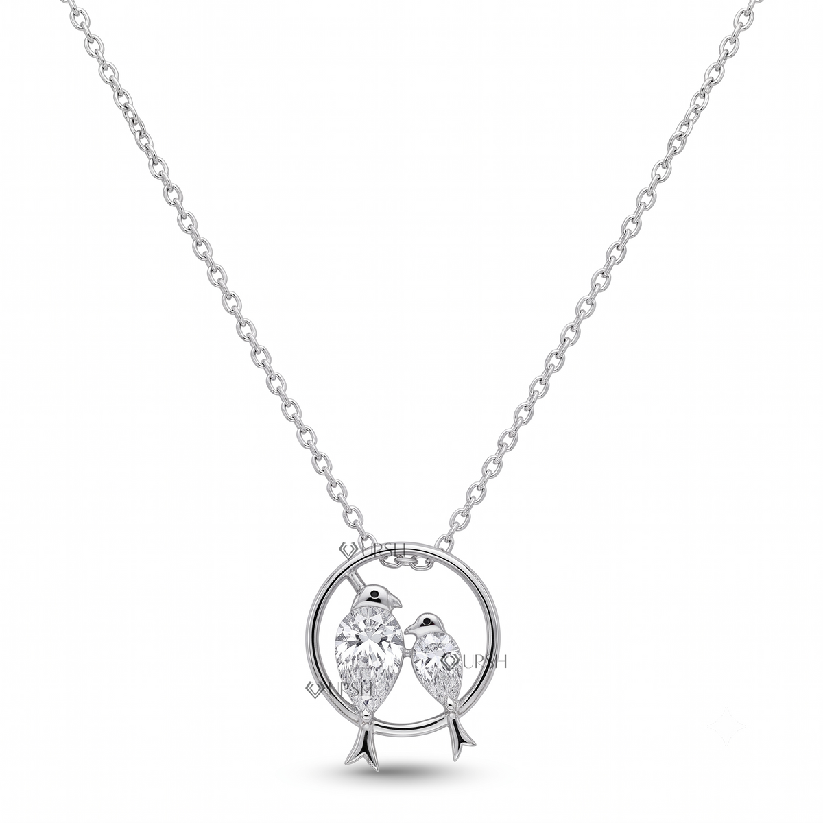 Solid white gold love birds pear cut diamond pendant necklace displayed on clean white background