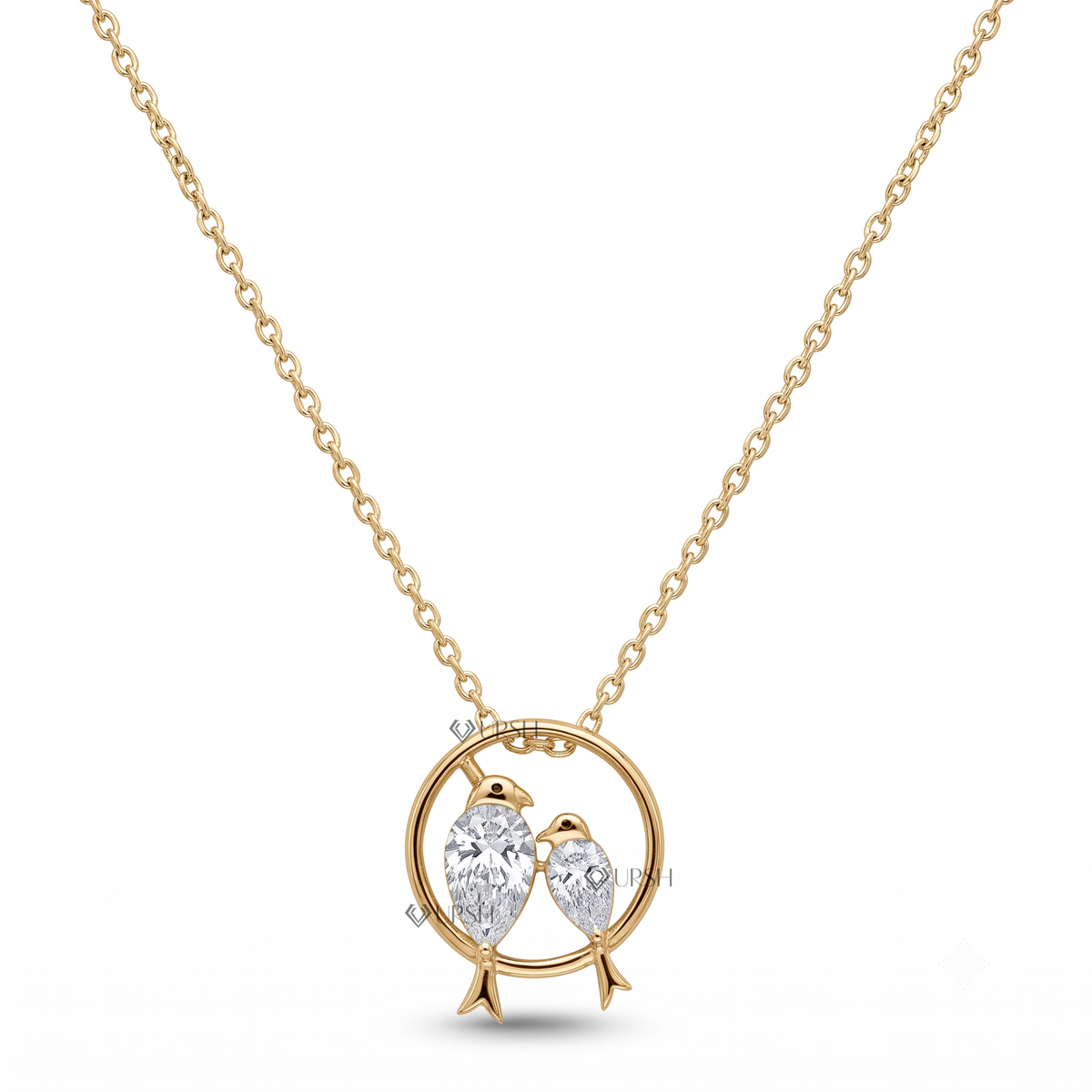 Solid yellow gold love birds pear cut diamond pendant necklace featuring dual lab-grown pear diamonds forming bird bodies inside a circular branch frame