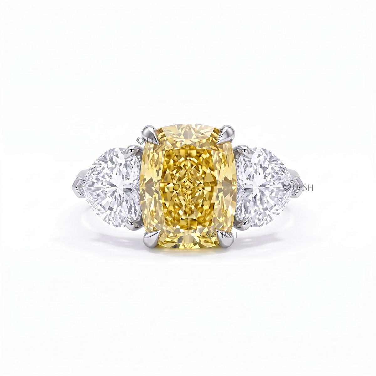 Solid two-tone gold three-stone engagement ring featuring a vivid canary yellow cushion lab diamond flanked by heart-cut side stones and a pavé band