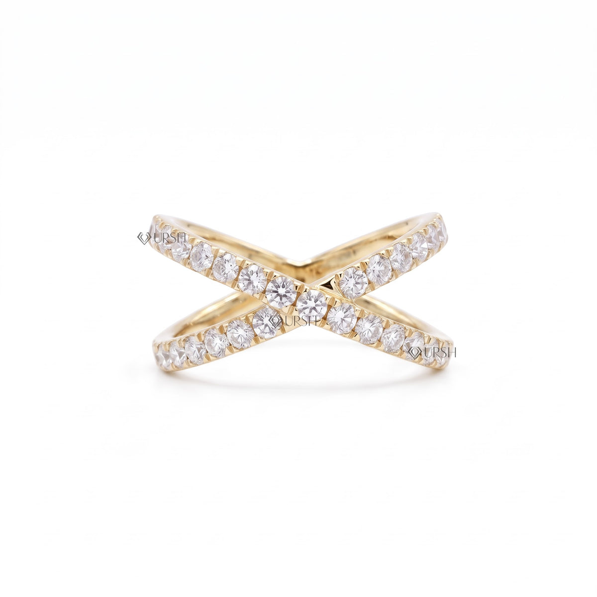 Solid yellow gold criss-cross pavé statement band on clean white background
