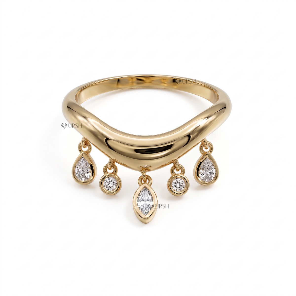 Sculptural Curved Wave Band With Dangle Charms Stacking Ring