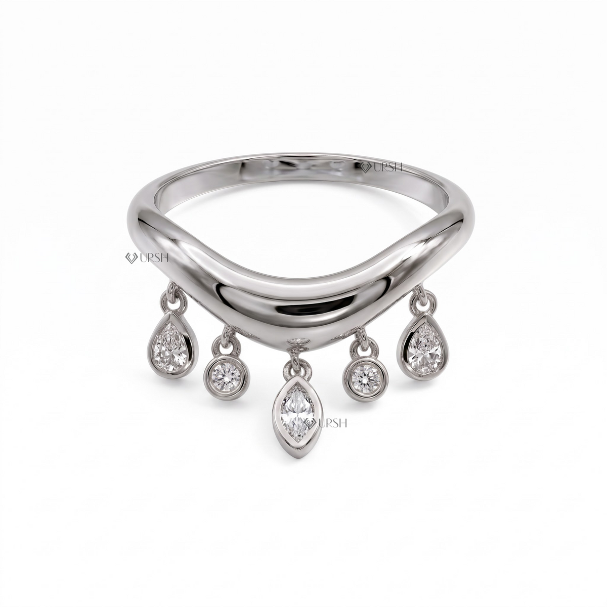 Solid white gold curved wishbone ring featuring five bezel-set diamond dangle charms