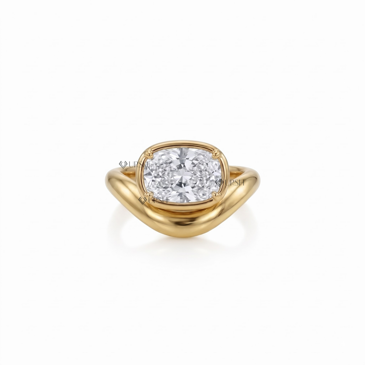 Solid yellow gold bezel-set cushion cut diamond crossover statement ring featuring a wavy contoured band