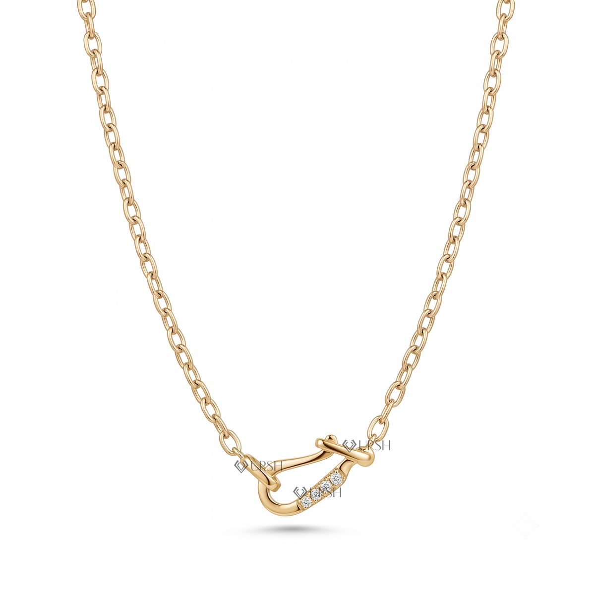 Solid yellow gold carabiner hook diamond paperclip link necklace featuring accent lab-grown diamonds set into a functional carabiner lock