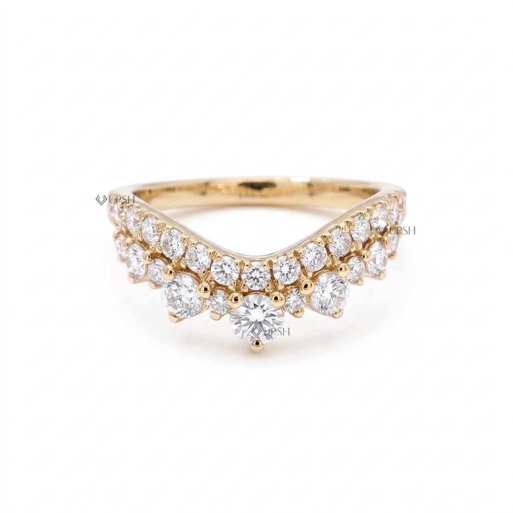 Solid yellow gold double-row V-shape chevron wedding ring on clean white backdrop
