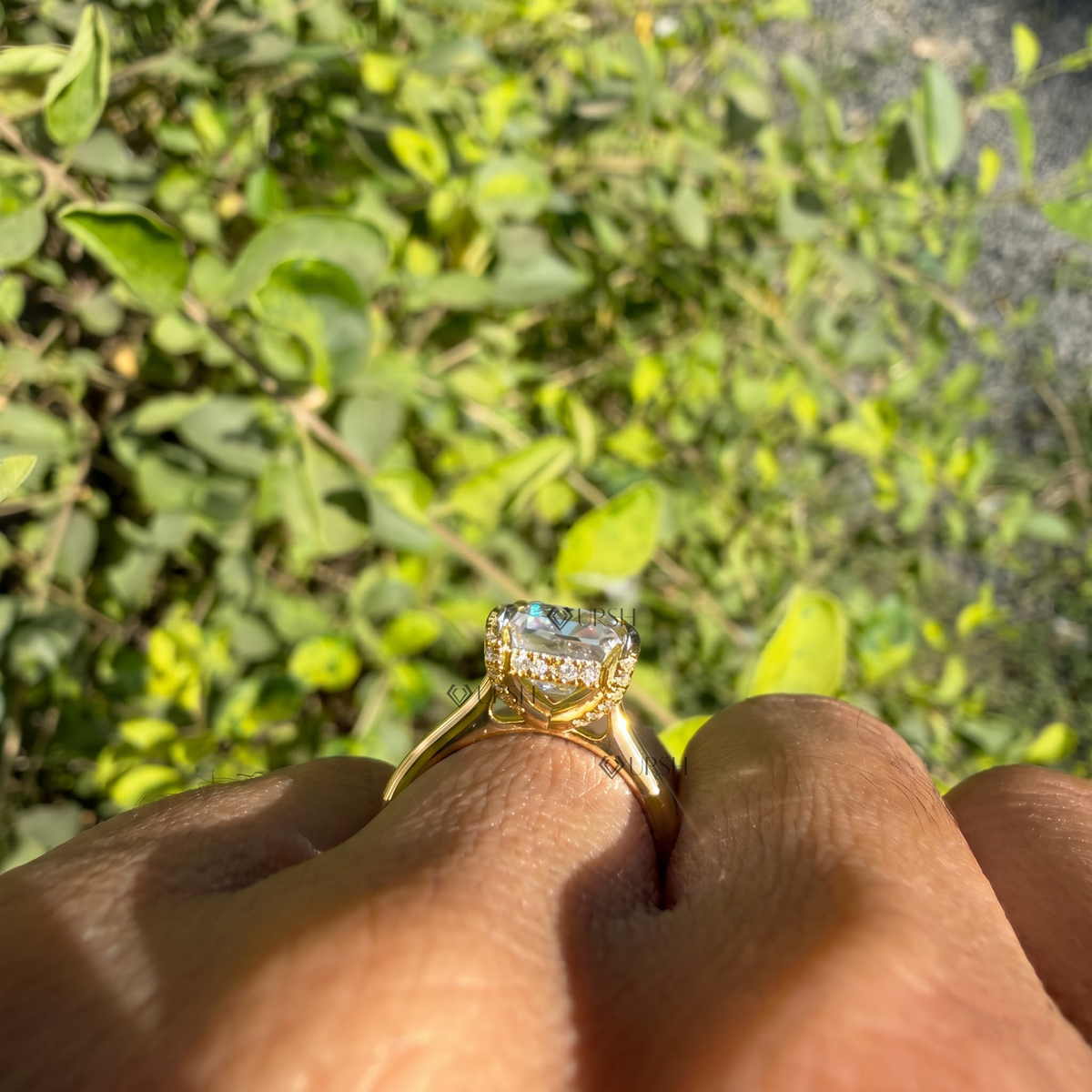 Close-up under gallery view highlighting dainty solid gold band and center diamond height
