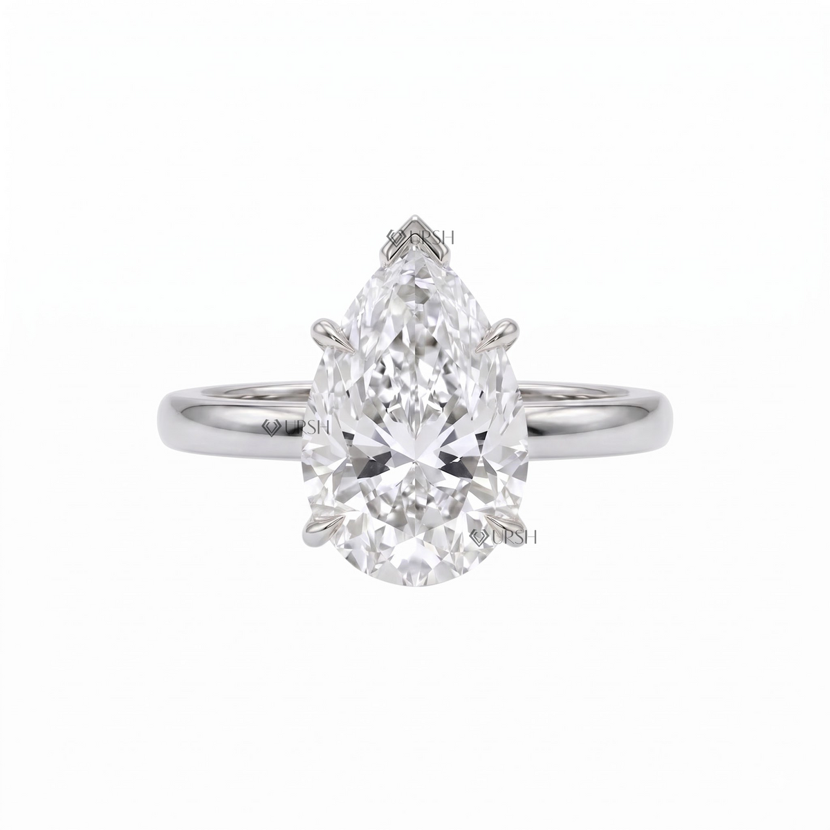 Solid white gold giant pear-cut solitaire engagement ring on clean white background