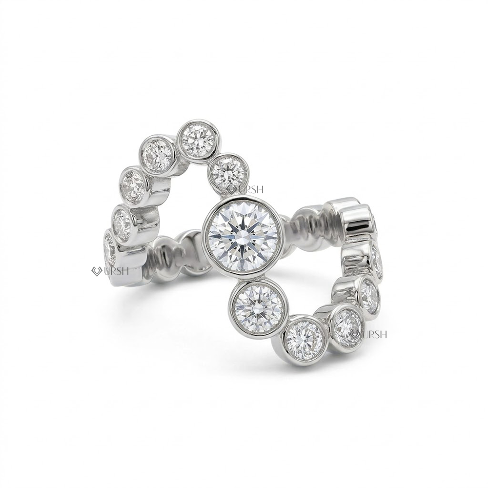 Solid white gold modern S-curve bypass snake band with bezel-set brilliant diamonds