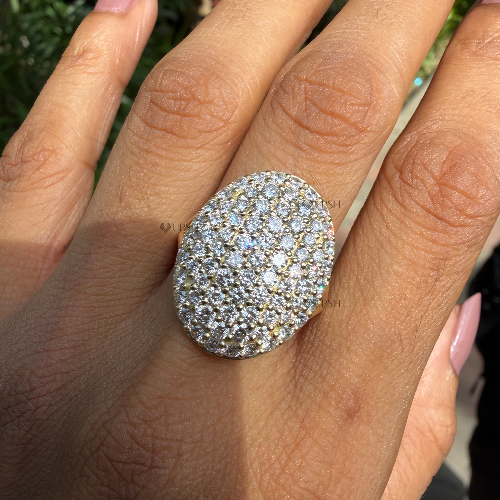 Dense honeycomb micro pavé diamond sparkle on large oval face ring under direct sun
