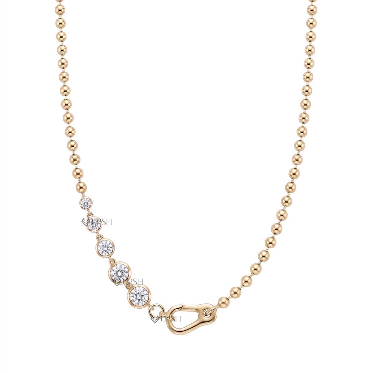 Solid yellow gold graduated bezel set diamond ball bead chain necklace featuring round lab-grown diamonds and an integrated carabiner hook clasp