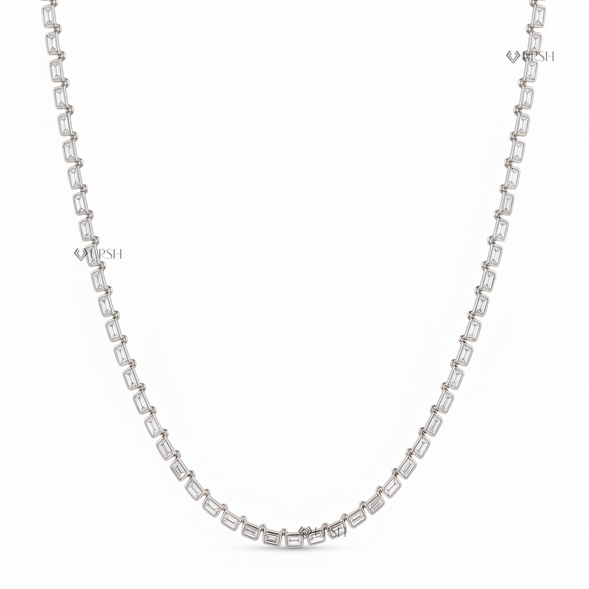 Solid white gold horizontal emerald cut diamond east-west tennis chain necklace displayed on clean white background