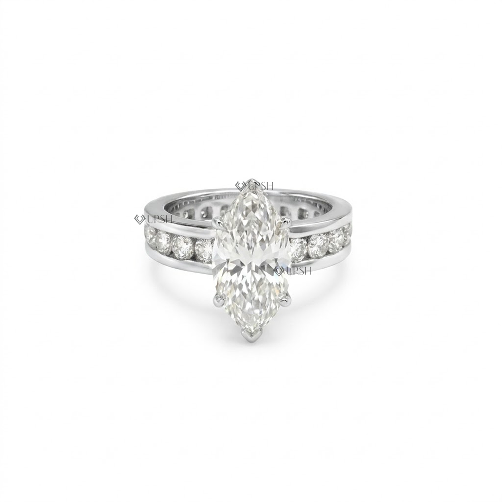Solid white gold engagement ring featuring large marquise lab grown diamond on wide channel set eternity band