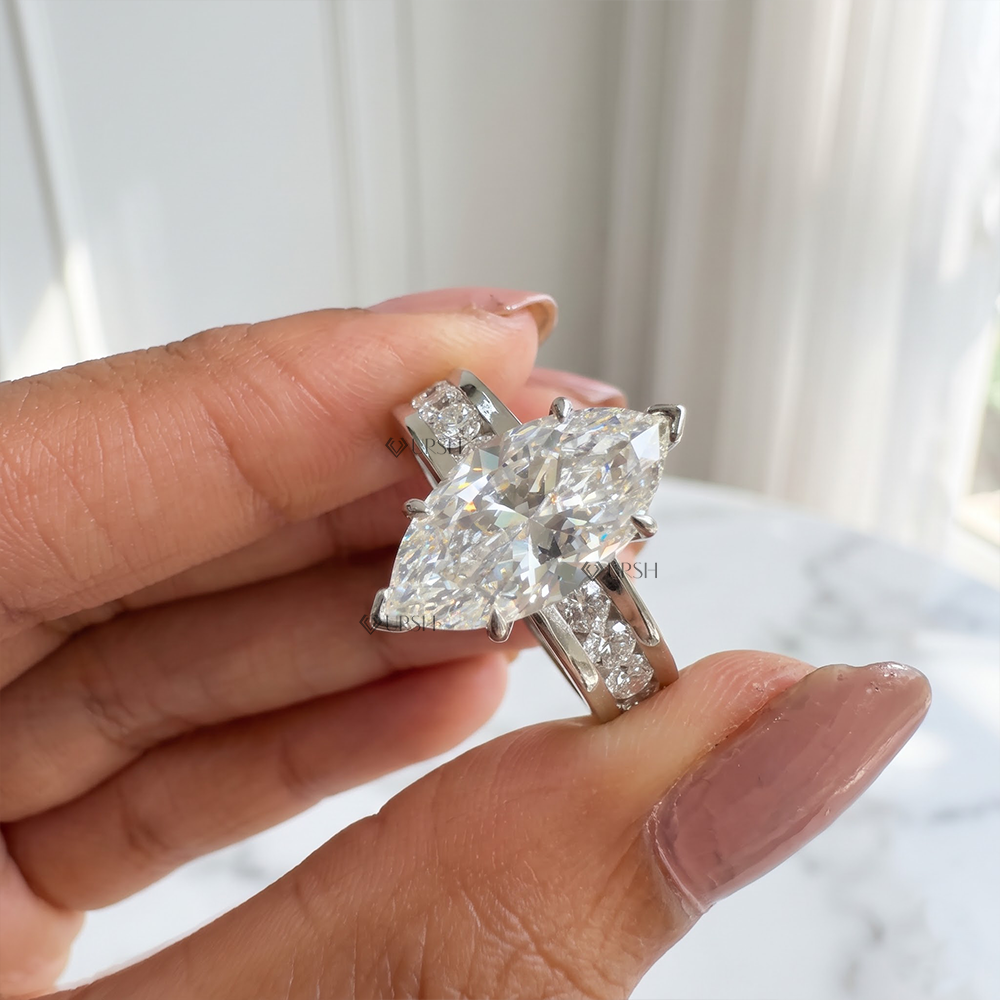 High-clarity brilliant facet detail of marquise cut lab diamond on wide diamond eternity band