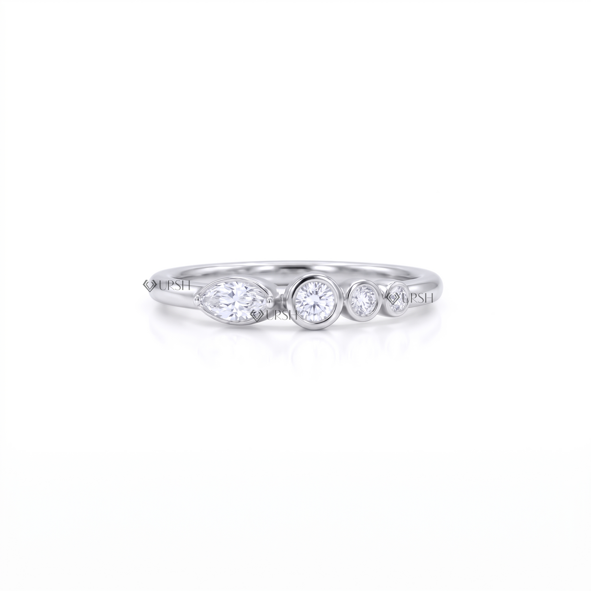 Solid white gold asymmetric multi-stone ring with bezel-set marquise and round diamonds on a clean white background
