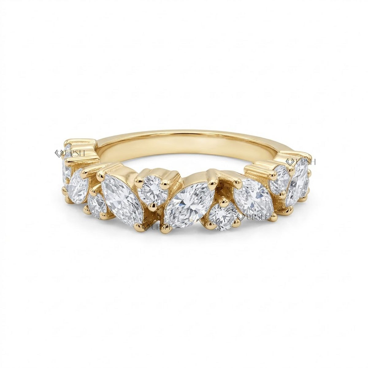 Solid yellow gold marquise and round cut diamond half eternity cluster band
