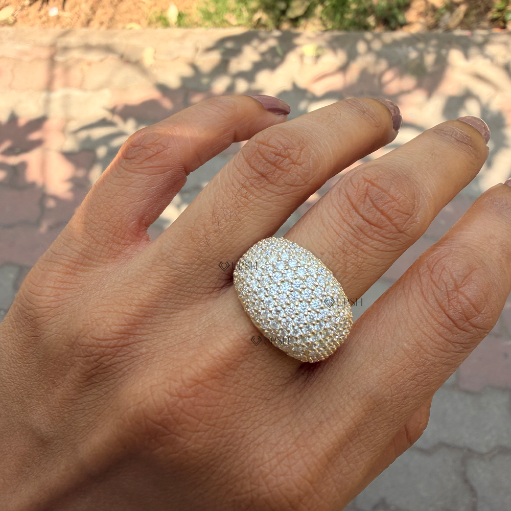 Full knuckle finger coverage of seamless micro pavé lab diamond dome ring