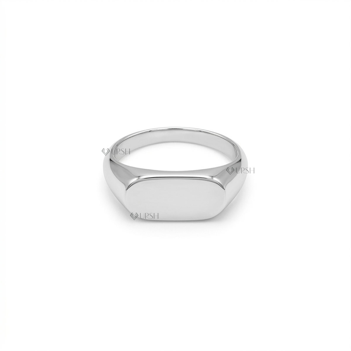 Solid white gold modern oval signet ring on clean white background