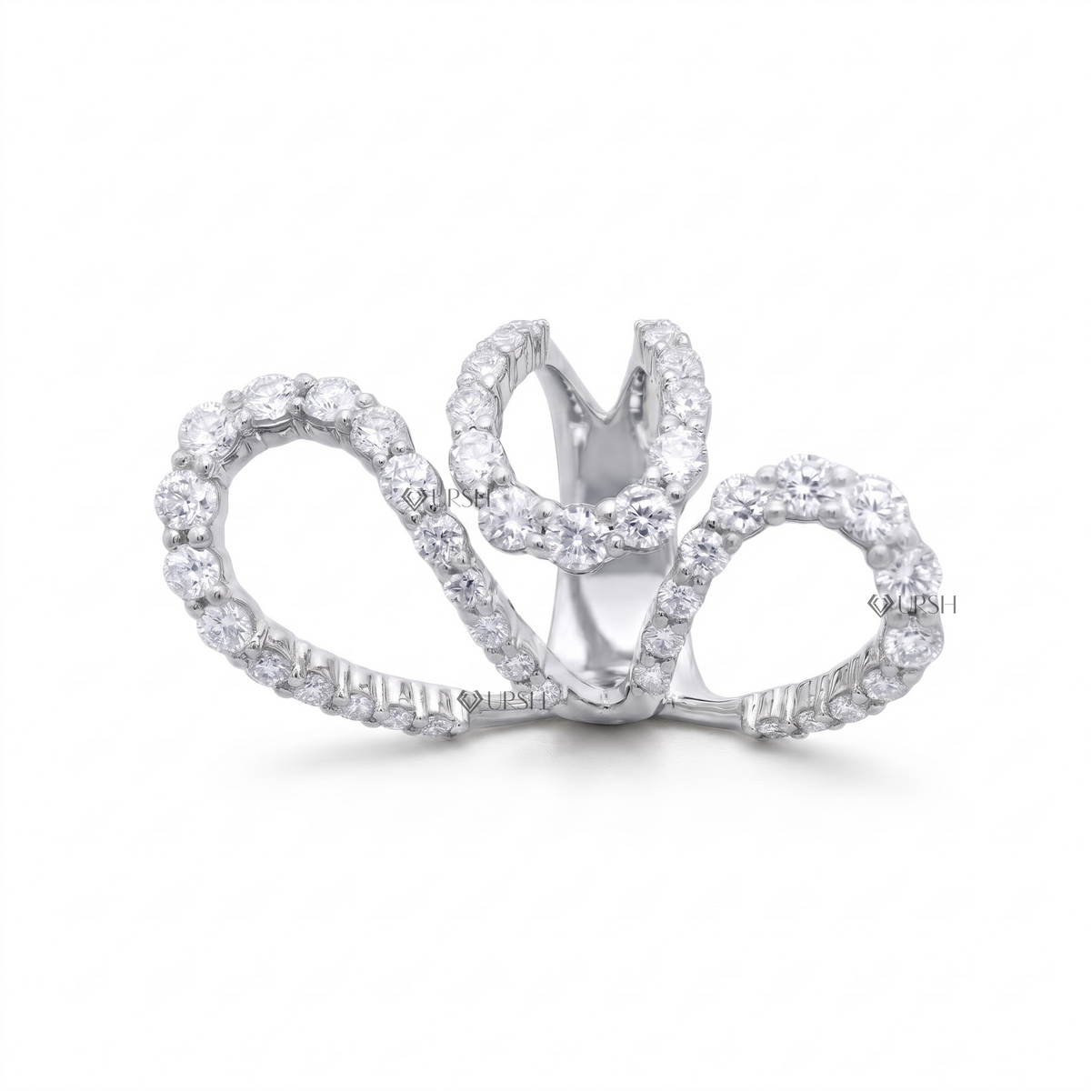Solid white gold sculptural multi-finger ring with micro-pavé diamonds on clean white background