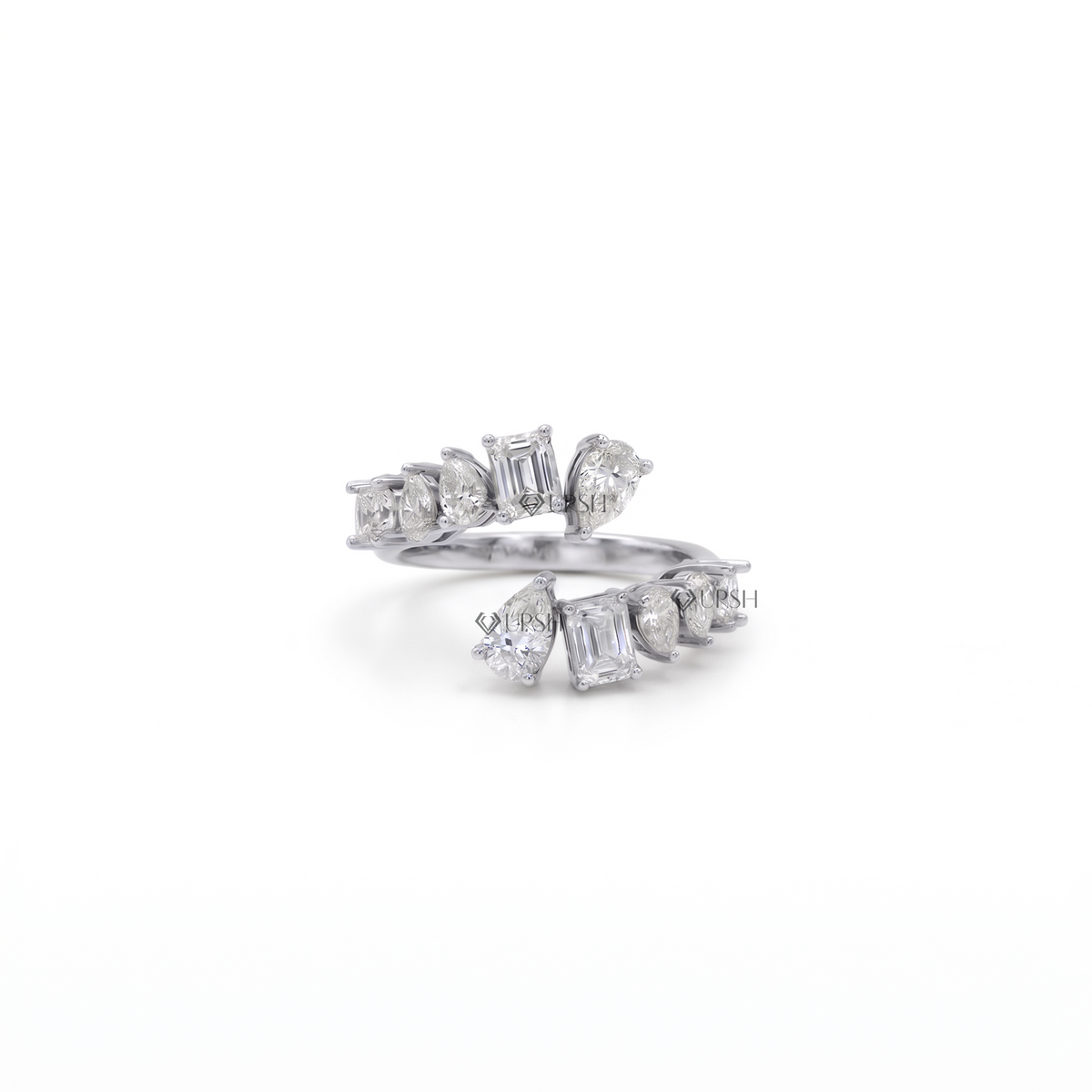 Solid white gold multi-shape diamond bypass wrap ring on clean white background