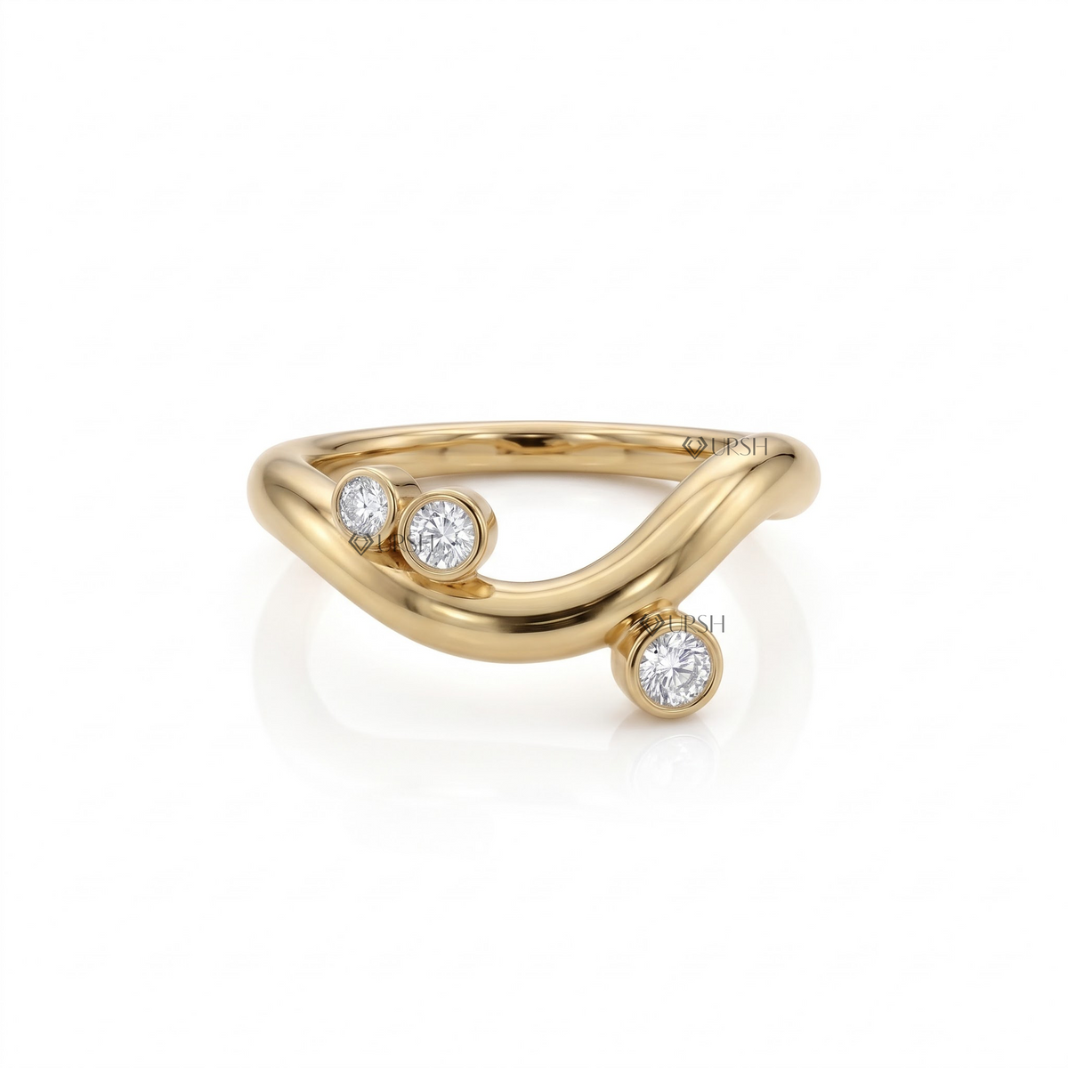 Solid yellow gold bezel-set multi-stone round diamond curved ring featuring an asymmetric scattered cluster on a contoured band