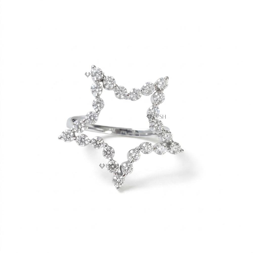 Solid white gold open celestial star statement ring outlined with round brilliant lab grown diamonds