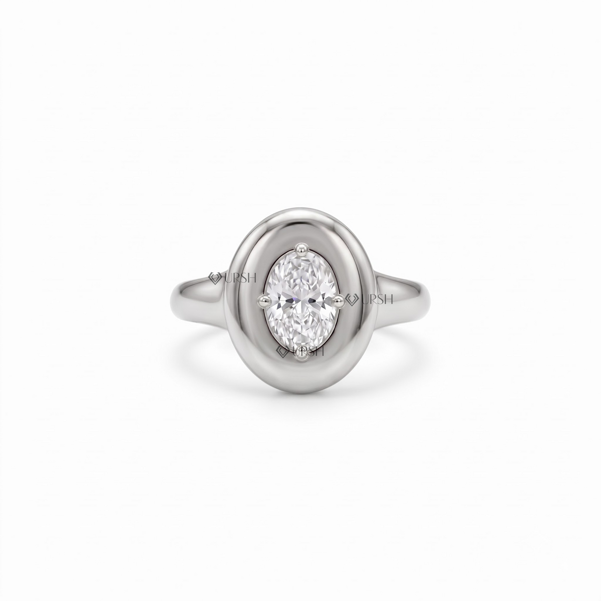 Solid white gold oval halo bezel-set statement ring on clean white background