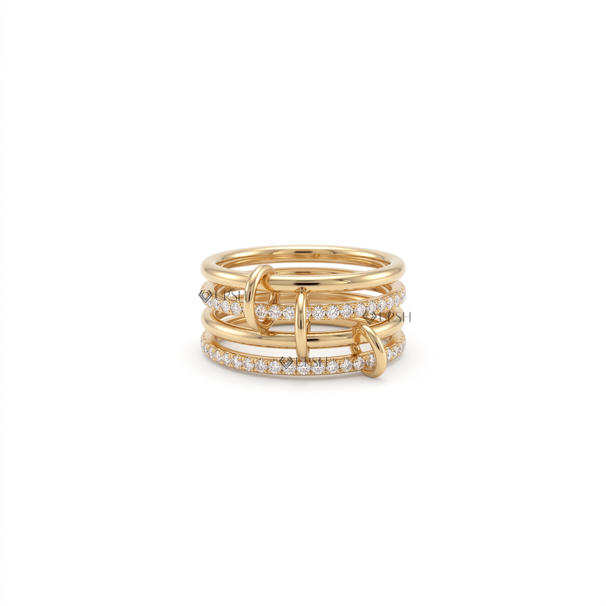Solid yellow gold multi-row pavé diamond architectural link ring featuring interlocking vertical loop connectors