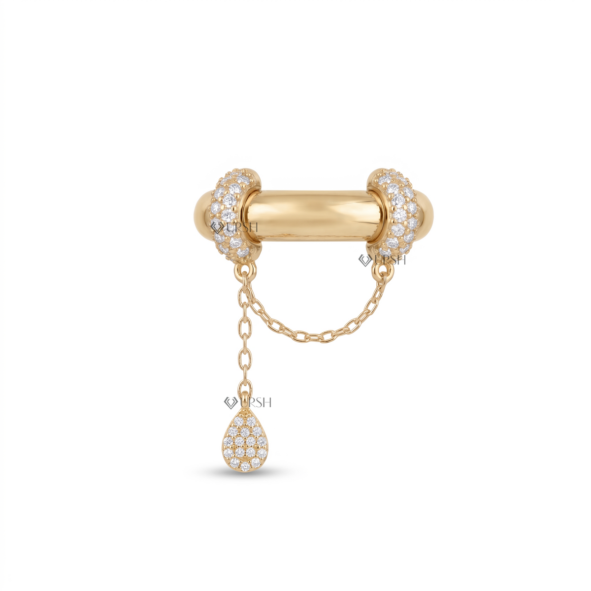 Solid yellow gold pavé diamond dangle chain statement ring featuring dual diamond collars, a horizontal tube bar, and a hanging pear charm