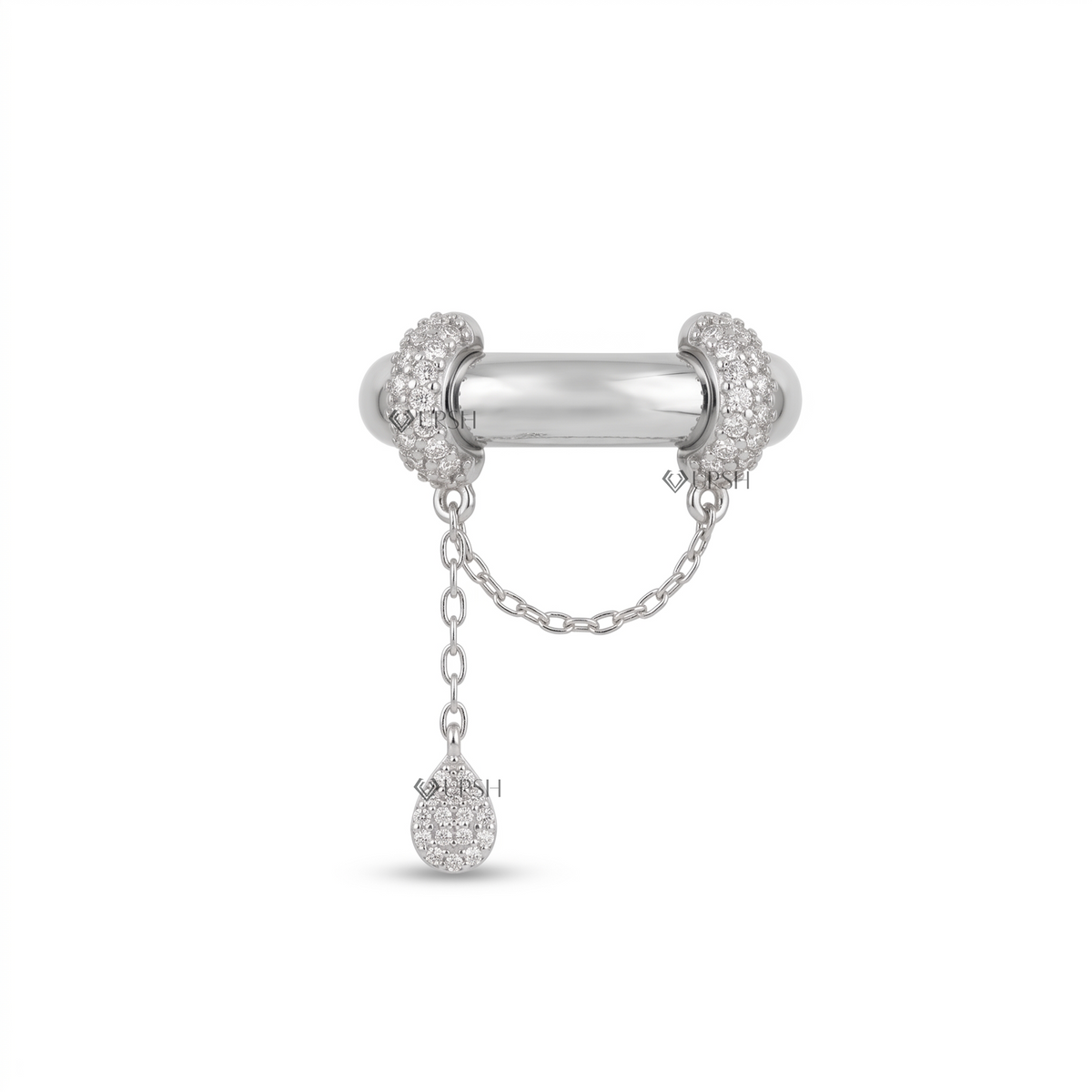 Solid white gold architectural dangle chain statement ring on clean white background