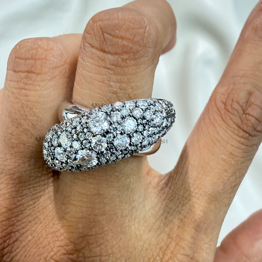 Detailed close-up of lab diamond pavé sparkle and blackened metal contrast across the rounded dome face