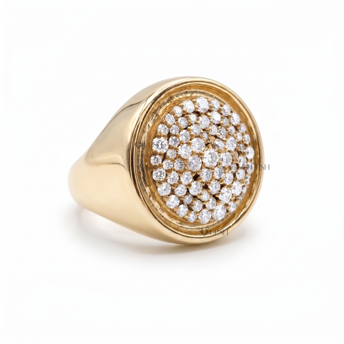 Solid yellow gold pavé disc signet statement ring featuring a densely set diamond disc framed by a polished bezel