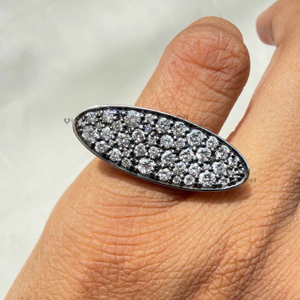 Detailed view of dense lab diamond pavé fire and blackened contrast rim on hand