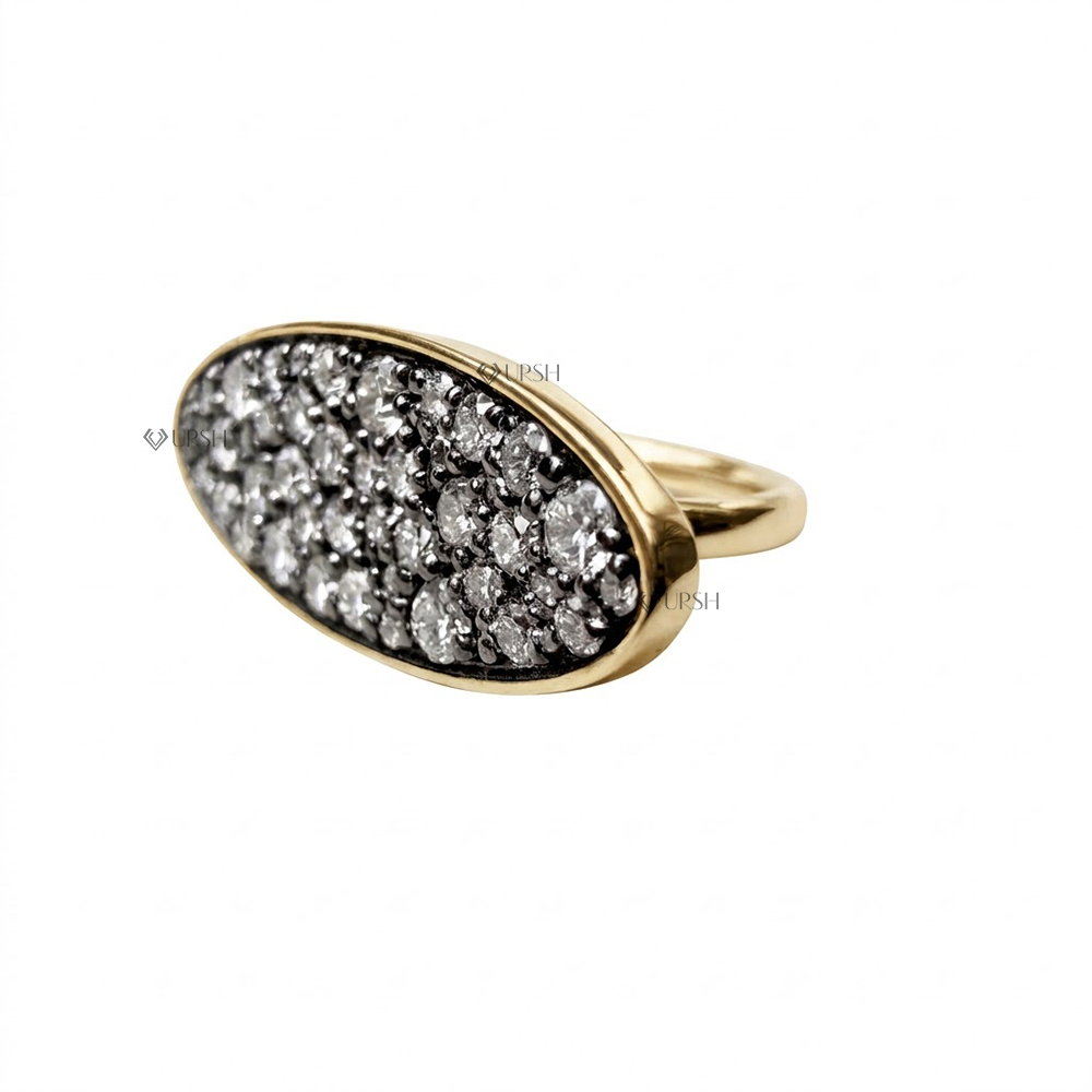Polished solid yellow gold band supporting large pavé-set diamond oval plaque face