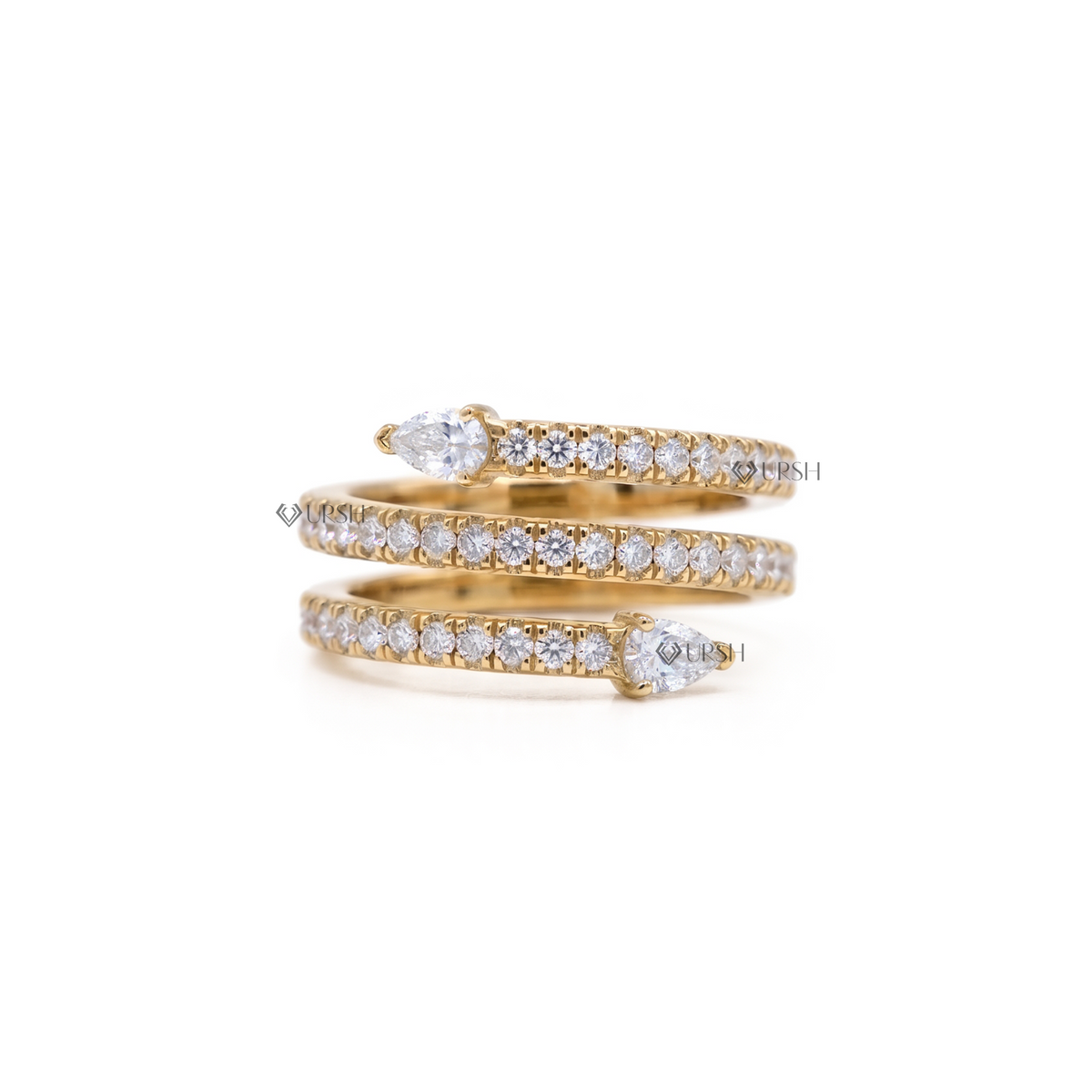 Solid yellow gold multi-row pavé diamond serpent wrap ring featuring pear-cut diamond head and tail terminals