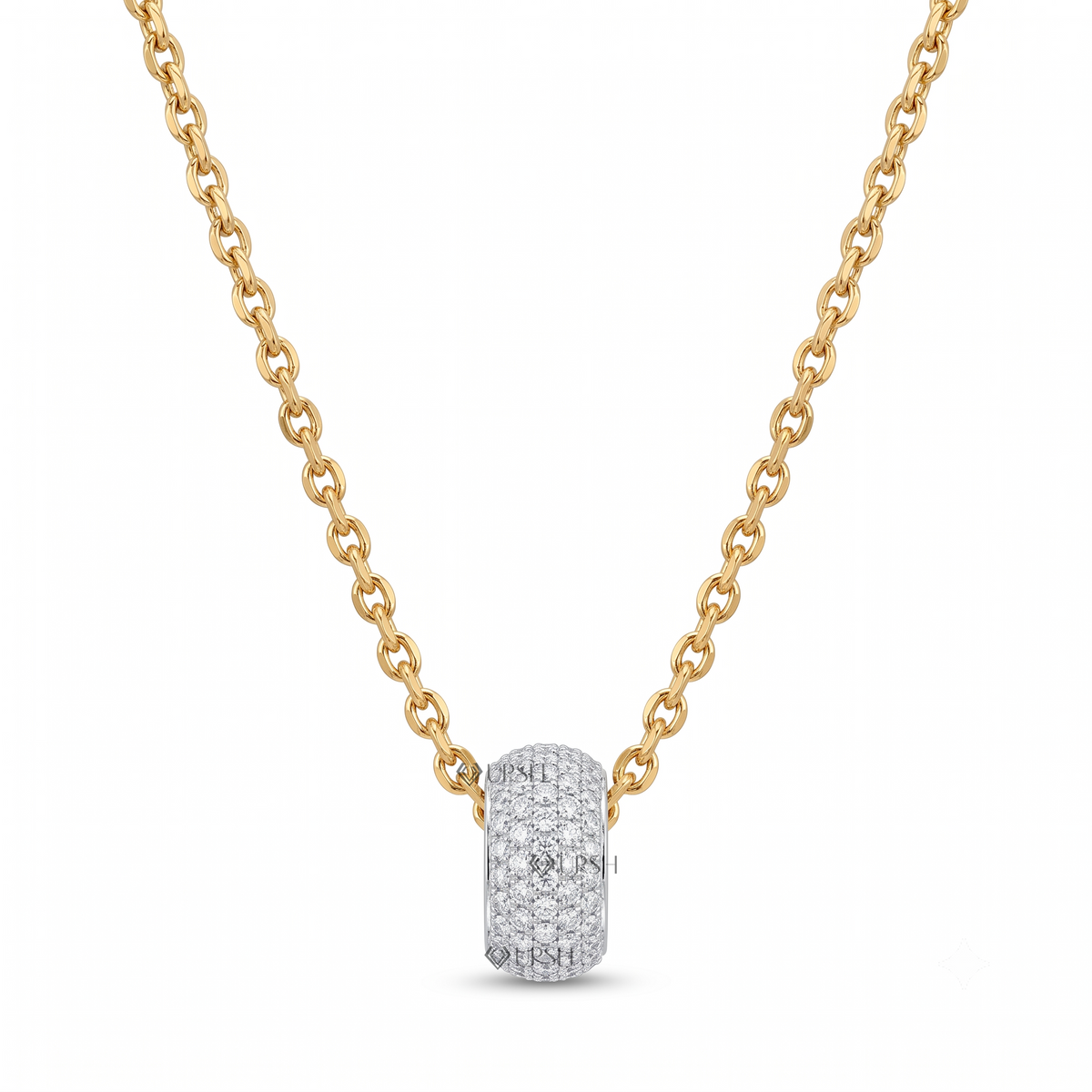 Solid yellow gold pavé diamond barrel bead spacer pendant necklace featuring micro-pavé set round lab-grown diamonds across a curved rondelle charm