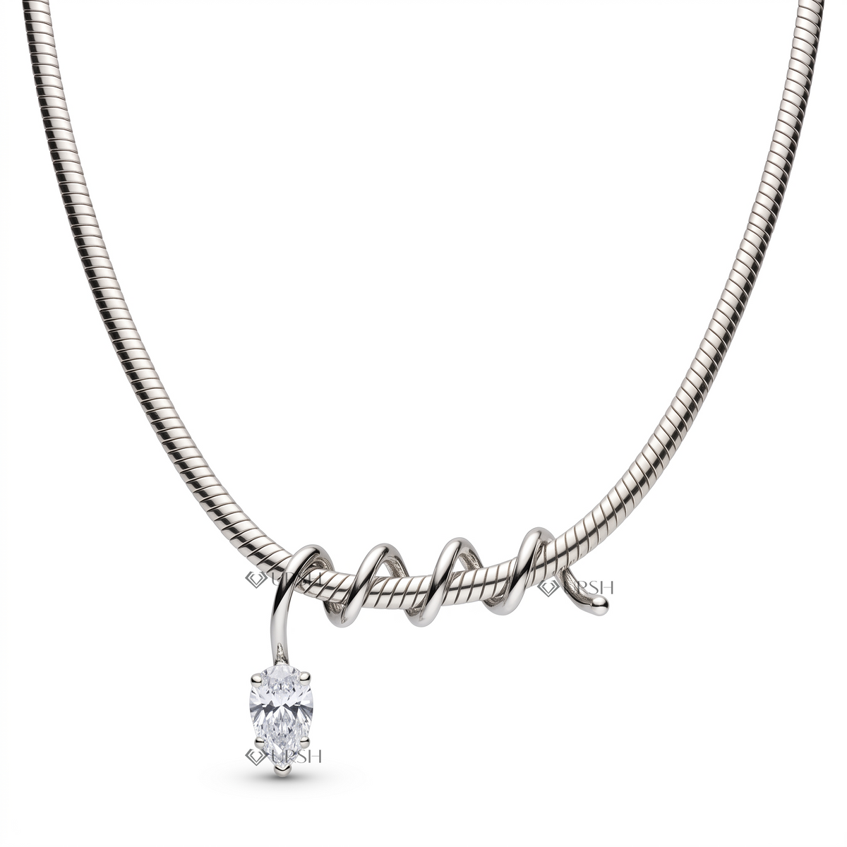 Solid white gold pear diamond spiral wire charm necklace displayed on clean white background