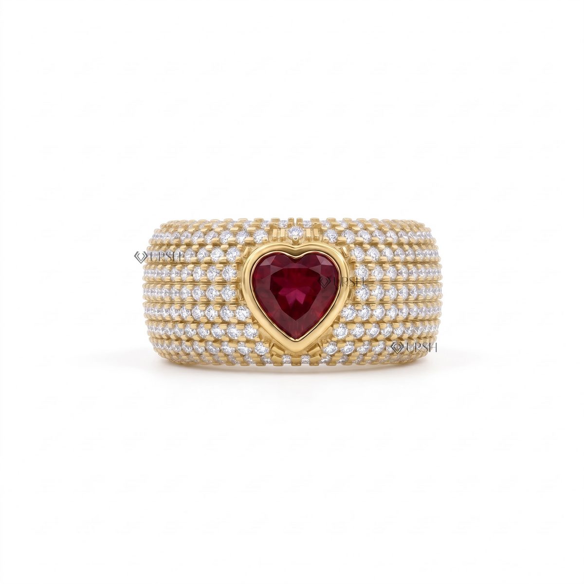 Solid yellow gold heart ruby pavé diamond cigar band ring featuring a bezel-set heart ruby center and dense micro-pavé rows