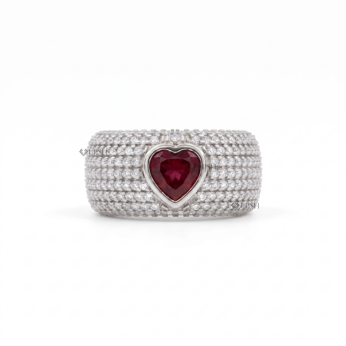 Solid white gold heart ruby and micro-pavé diamond wide cigar band ring on clean white background