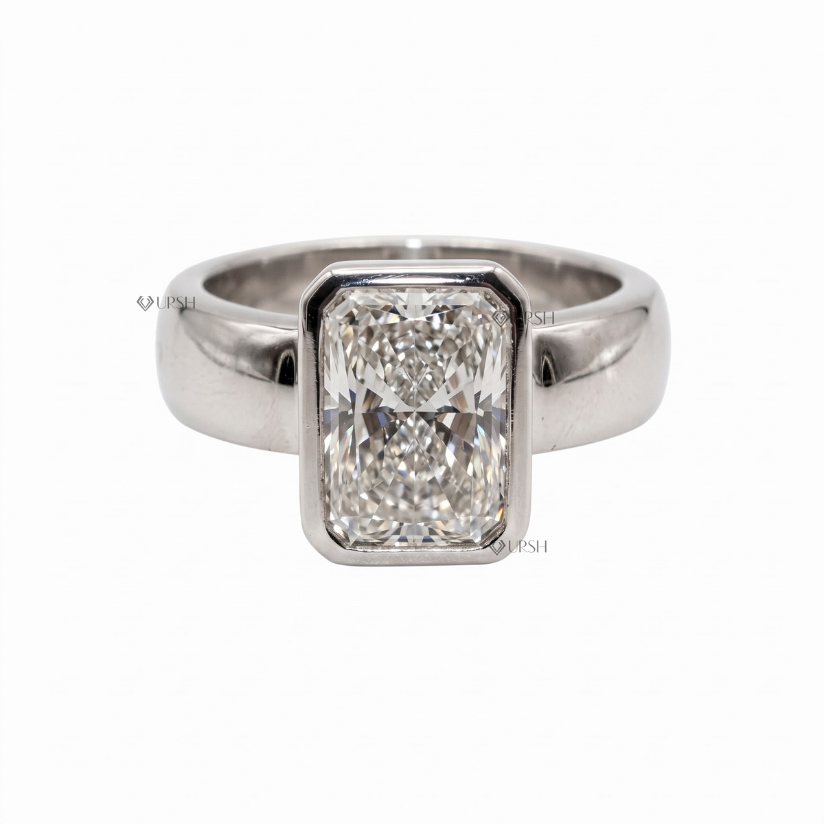 Radiant cut bezel engagement ring in white gold with sleek wide comfort band