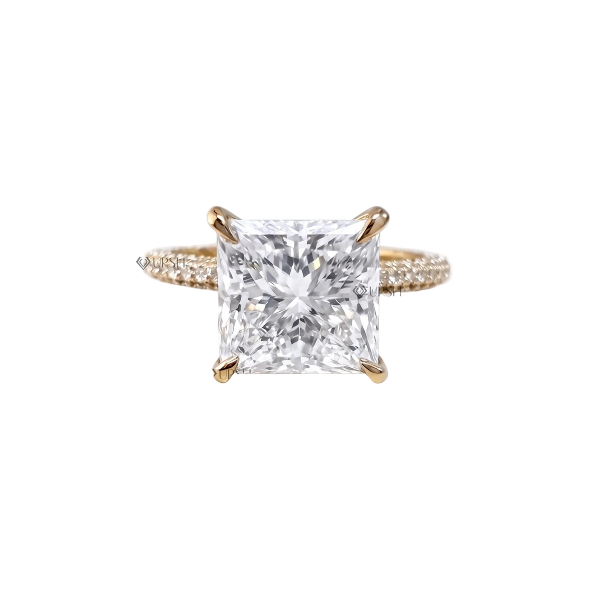 Solid yellow gold radiant cut lab grown diamond engagement ring with micro-pavé band and hidden halo