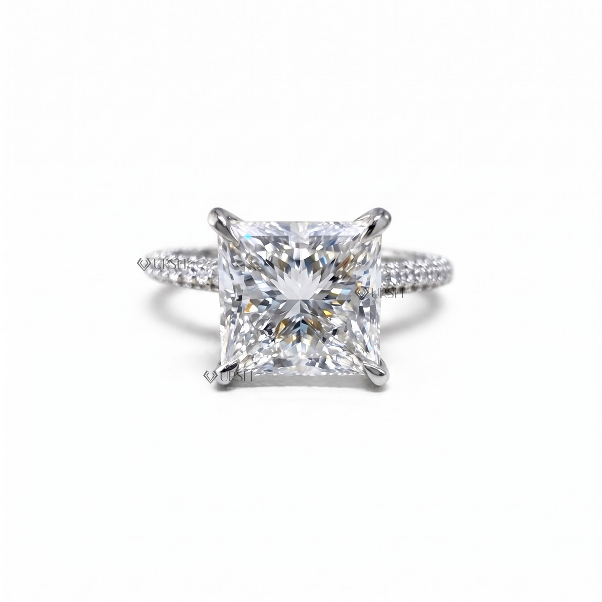 Solid white gold radiant cut diamond engagement ring with sparkling pavé shank