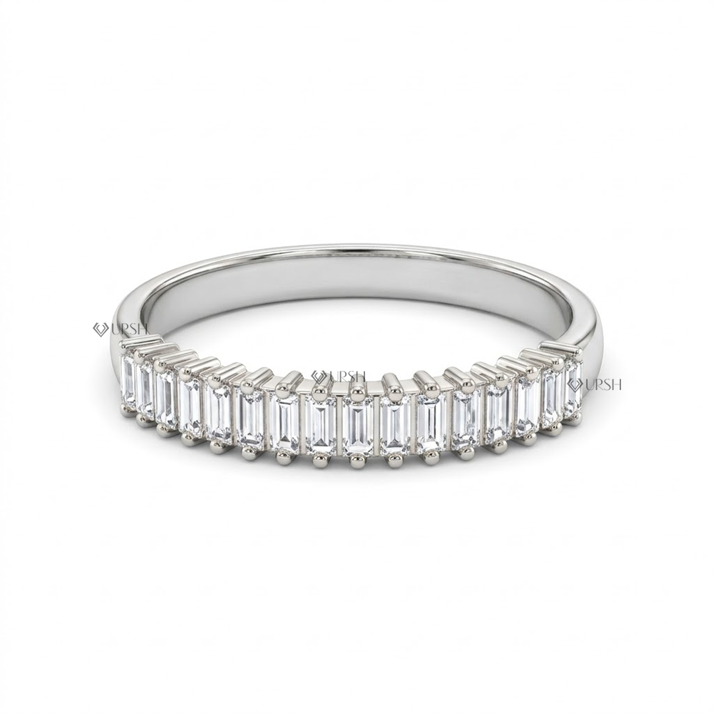 Solid white gold vertical baguette step cut diamond half eternity anniversary ring